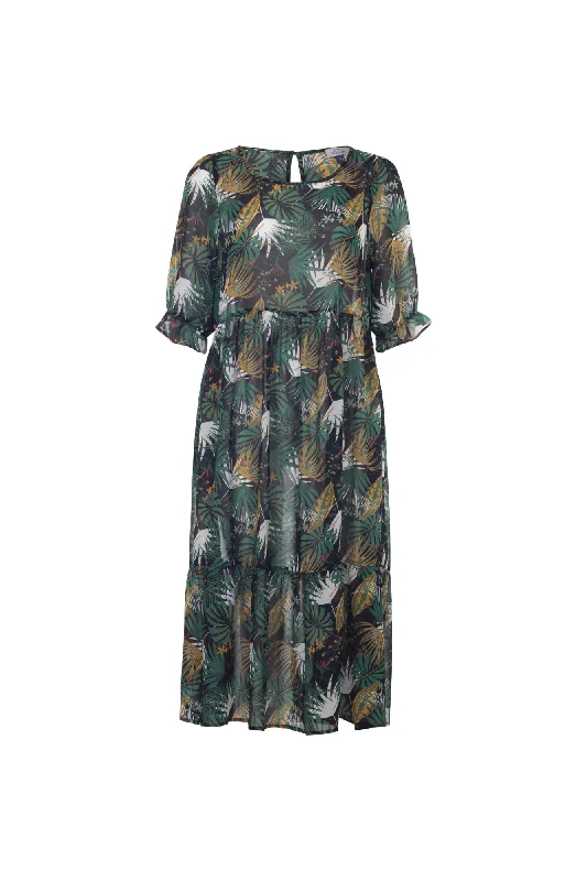 Printed Chiffon Midi Dress | GREEN BLACK PALM | 7128AR