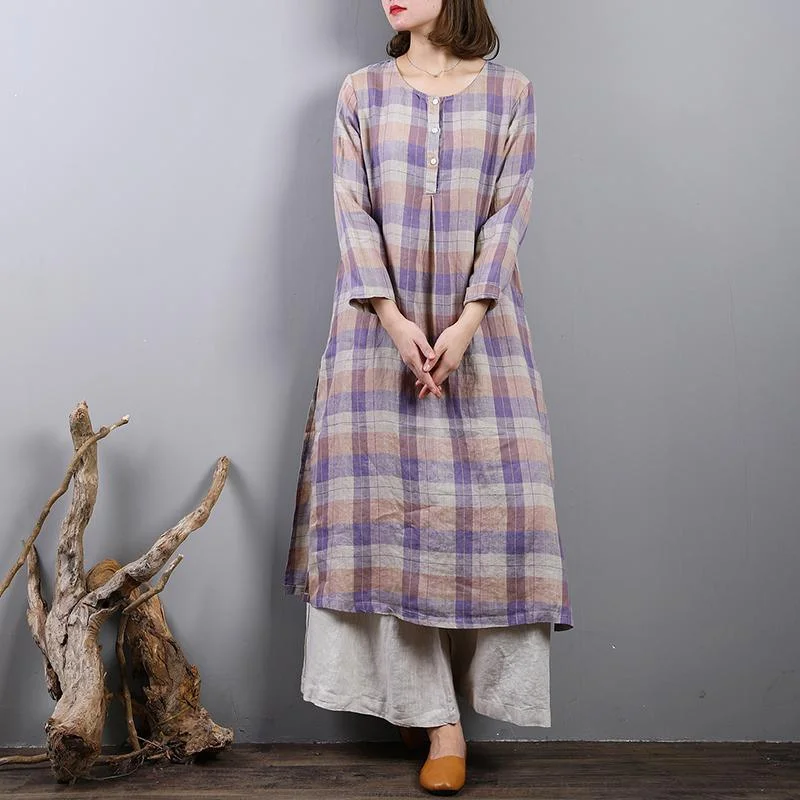 purple plaid long linen dresses plus size side open traveling clothing boutique o neck maxi dresses Comfortable Maxi Dress with Sleeves purple plaid long linen dresses plus size side open traveling clothing boutique o neck maxi dresses Comfortable Maxi Dress with Sleeves