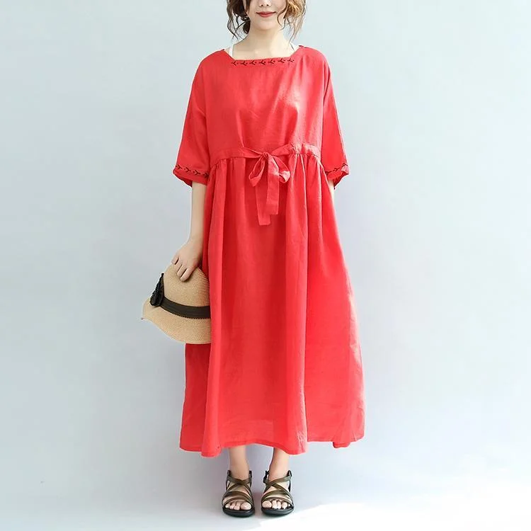 Red Embroidery Linen Dresses Plus Size Casual Sundress Drawstring Half Sleeve Maxi Dress Comfortable Maxi Dress with Slits Red Embroidery Linen Dresses Plus Size Casual Sundress Drawstring Half Sleeve Maxi Dress Comfortable Maxi Dress with Slits