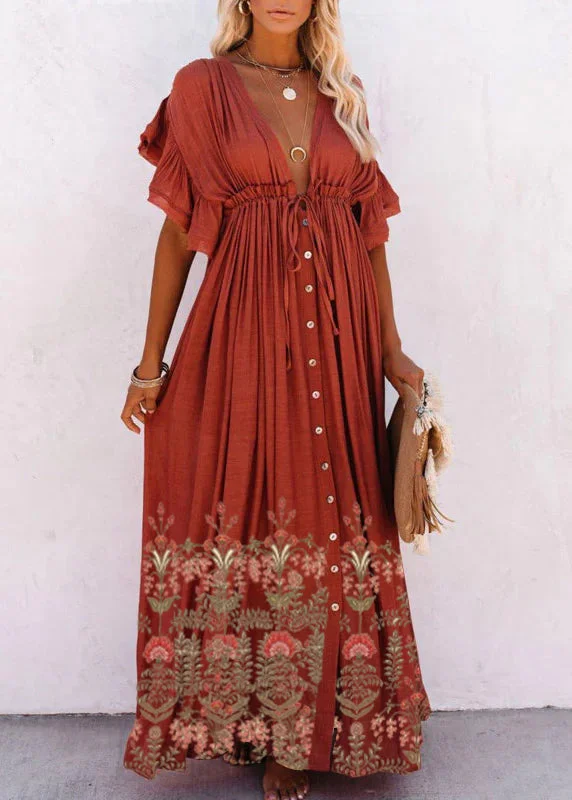 Red-flower V Neck Button Maxi Dresses Short Sleeve Fashionable Halter Neck Maxi Dress Red-flower V Neck Button Maxi Dresses Short Sleeve Fashionable Halter Neck Maxi Dress