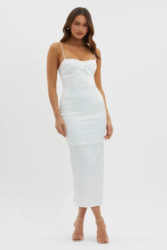 Renown Pleated Bust Midi Dress White Comfortable Lace-Up Midi Dress