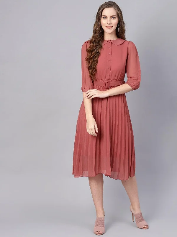 Women's Rose Pink Peterpan Belted Pleated Midi Dress - SASSAFRAS