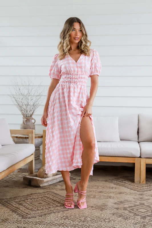 Shirred Button Through Check Midi Dress - Blush