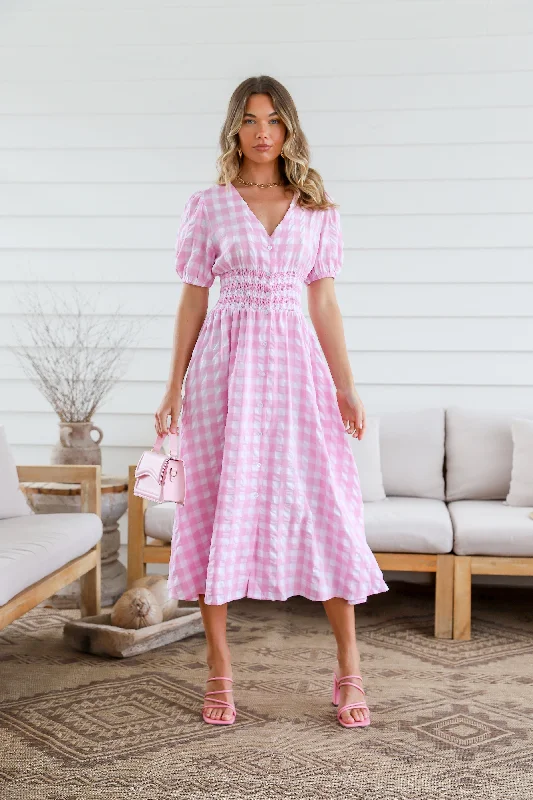 Shirred Button Through Check Midi Dress - Hot Pink