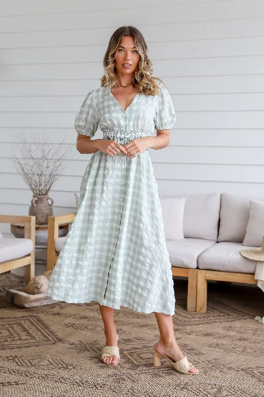 Shirred Button Through Check Midi Dress - Sage