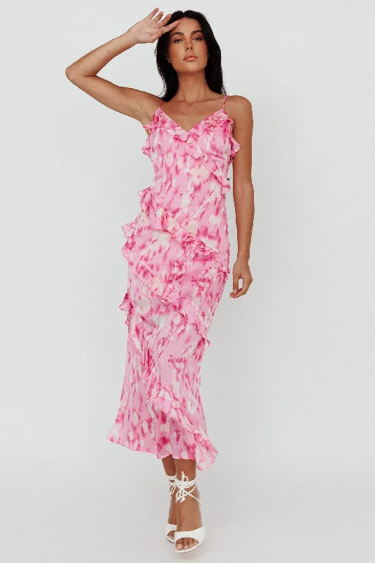 Silvana Frill Trim Midi Dress Print Pink Trendy Floral Wrap Midi Dress
