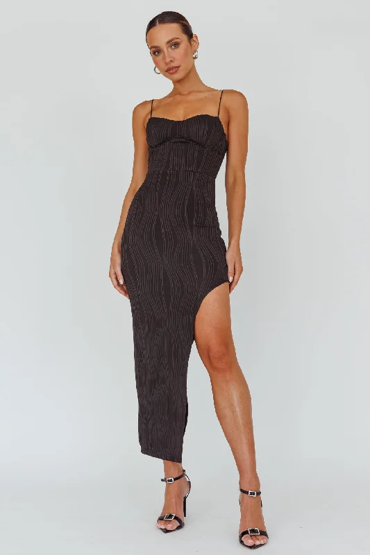 Silver Screen Queen Thigh Split Maxi Dress Stripe Black