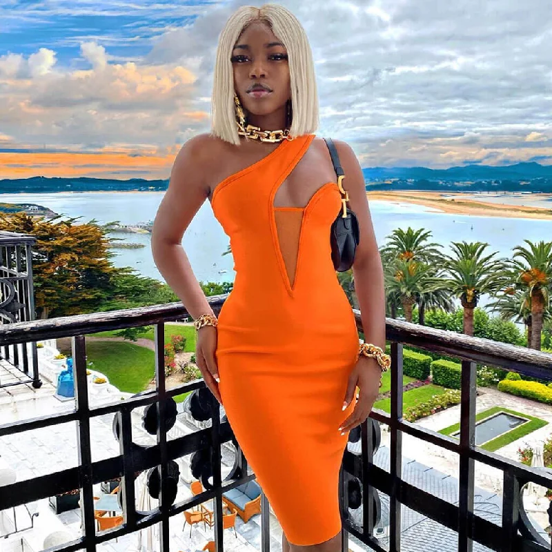 Sleeveless One Shoulder Mesh Panel Bodycon Bandage Midi Dress - Burnt Orange Trendy Fit-and-Flare Midi Dress Sleeveless One Shoulder Mesh Panel Bodycon Bandage Midi Dress - Burnt Orange Trendy Fit-and-Flare Midi Dress