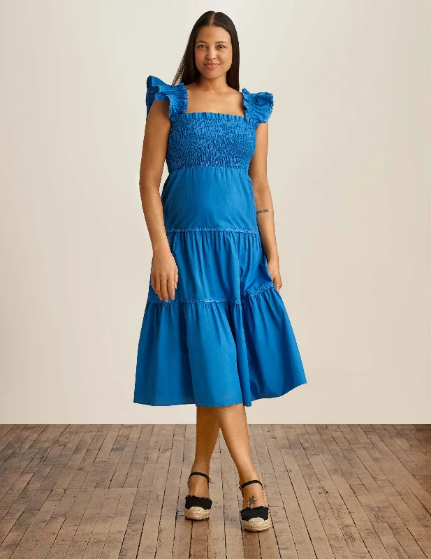 Smocked Ruffle Shoulder Tiered Midi Dress