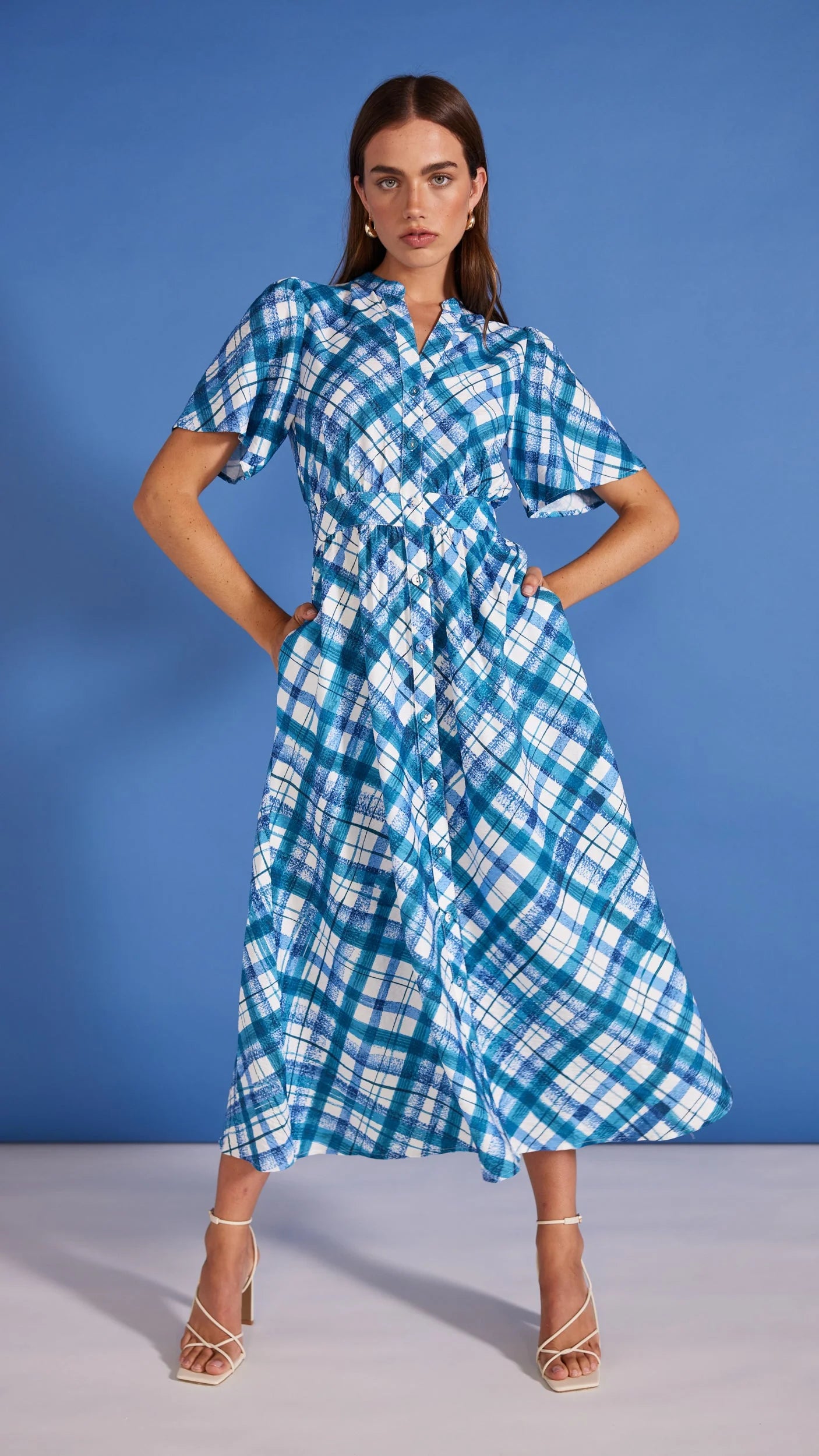 STAPLE THE LABEL HEATON MIDI DRESS BLUE CHECK