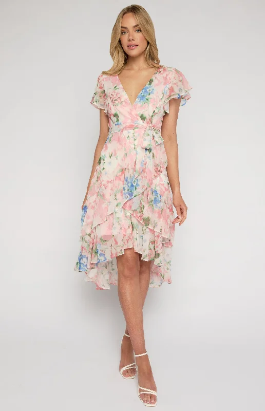 STYLE STATE FLORAL PRINT WATERFALL HEM MIDI DRESS PINK