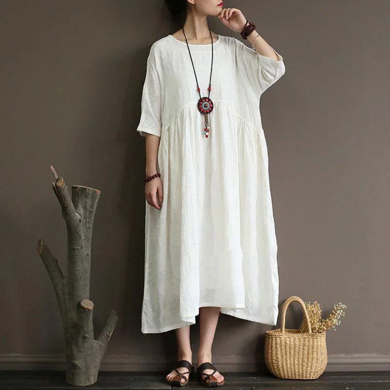 Stylish Cotton Linen Maxi Dress Plus Size Clothing Summer Cotton Linen Half Sleeve White Pleated Dress Chic Summer Floral Maxi Dress Stylish Cotton Linen Maxi Dress Plus Size Clothing Summer Cotton Linen Half Sleeve White Pleated Dress Chic Summer Floral Maxi Dress