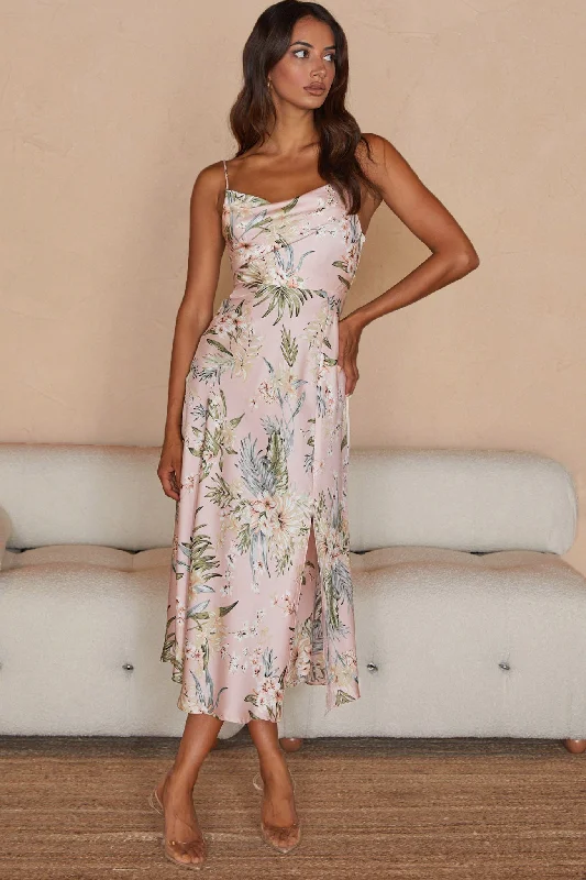 Suki Front Split Midi Dress Tropical Floral Print Pink Elegant Puff Sleeve Midi Dress Suki Front Split Midi Dress Tropical Floral Print Pink Elegant Puff Sleeve Midi Dress