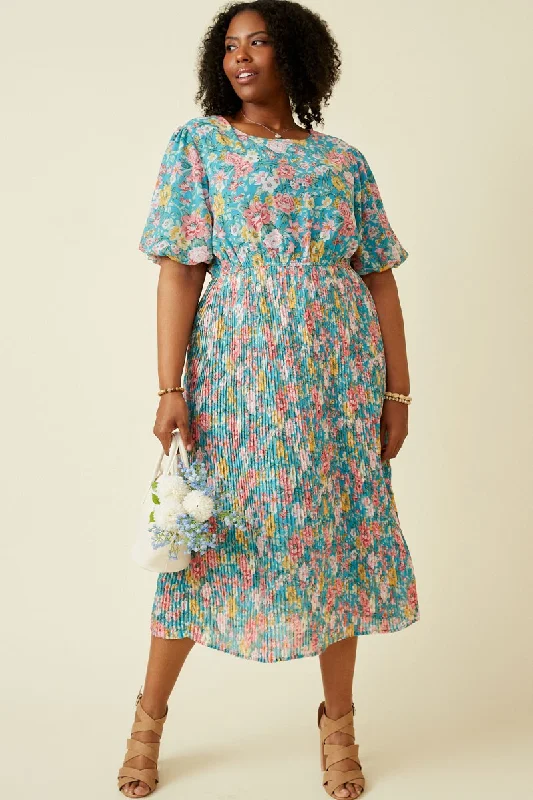 Teal Floral Pleated Plus Size Midi Dress Comfortable Lace-Up Midi Dress