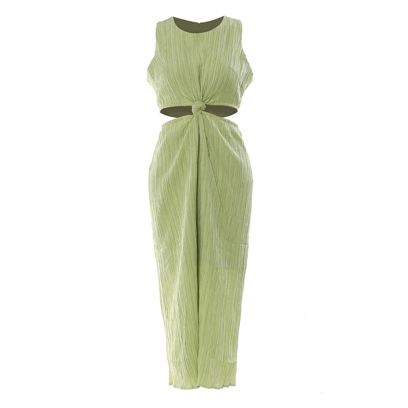 Textured Round Neck Knotted Front Side Cutout Slit Sleeveless Midi Dress Trendy Bodycon Midi Dress Textured Round Neck Knotted Front Side Cutout Slit Sleeveless Midi Dress Trendy Bodycon Midi Dress