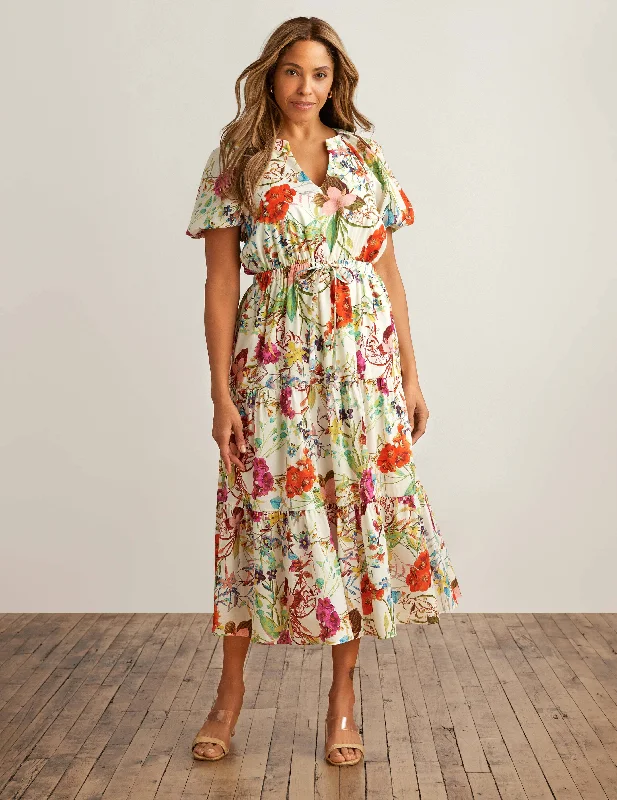 Tiered Puff Sleeve Midi Dress