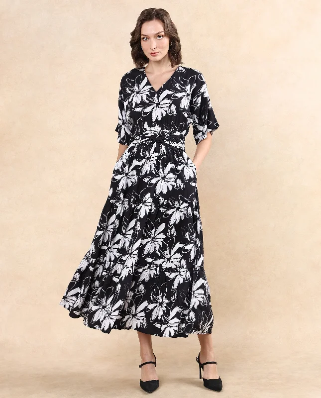 Rareism Women Tuzio Black Extended Sleeves V-Neck Zipper Closure Fit And Flare Floral Print Maxi Dress