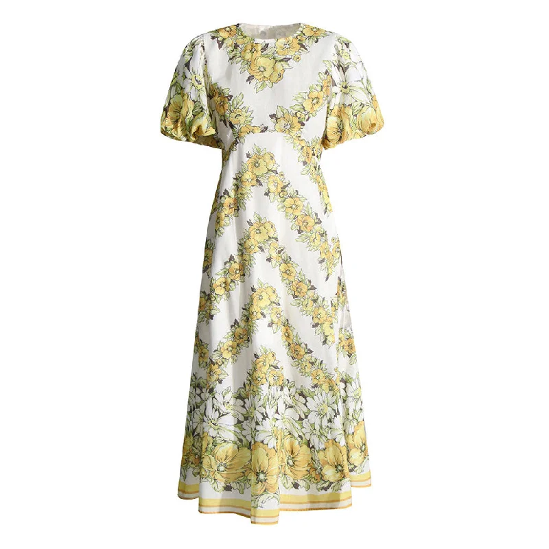 Vintage Crew Neck Puff Sleeve Empire Waist Summer Floral Print Midi Dress Trendy Off-Shoulder Button Midi Dress Vintage Crew Neck Puff Sleeve Empire Waist Summer Floral Print Midi Dress Trendy Off-Shoulder Button Midi Dress