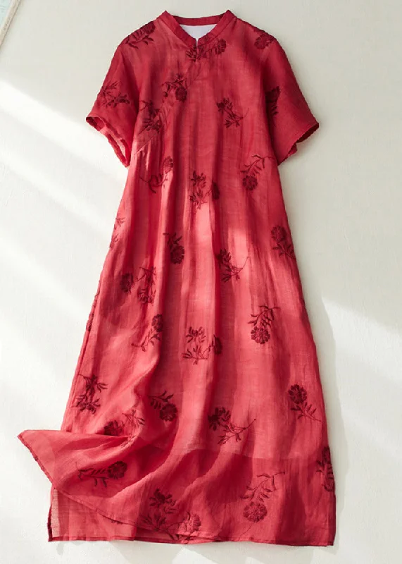 Vintage Red Stand Collar Side Open Layered Maxi Dress Short Sleeve VV089