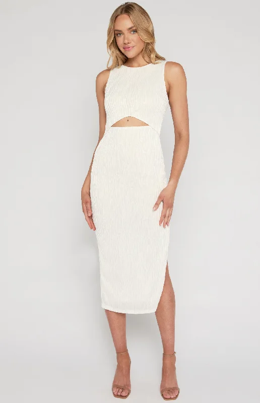 WINNIE & CO TEXTURED STRETCH MIDI DRESS WITH FRONT CUT OUT DETAIL WHITE