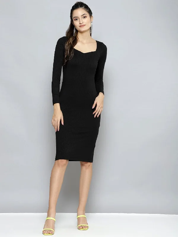Women Charcoal Rib Sweetheart Neck BodyCon Midi Dress Fashionable Pleated Midi Dress Women Charcoal Rib Sweetheart Neck BodyCon Midi Dress Fashionable Pleated Midi Dress
