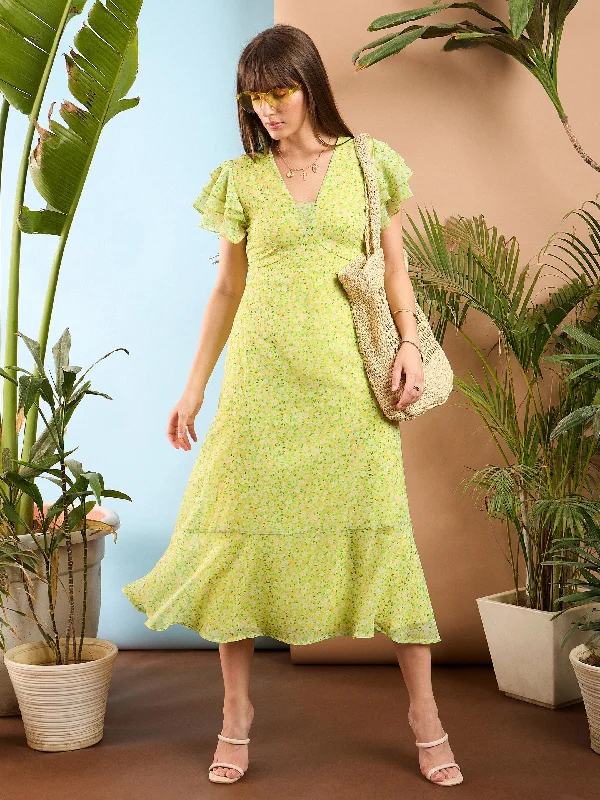 Women Lime Yellow Ditsy Floral Flared Sleeve Midi Dress Stylish Off-Shoulder Ruffle Dress Women Lime Yellow Ditsy Floral Flared Sleeve Midi Dress Stylish Off-Shoulder Ruffle Dress