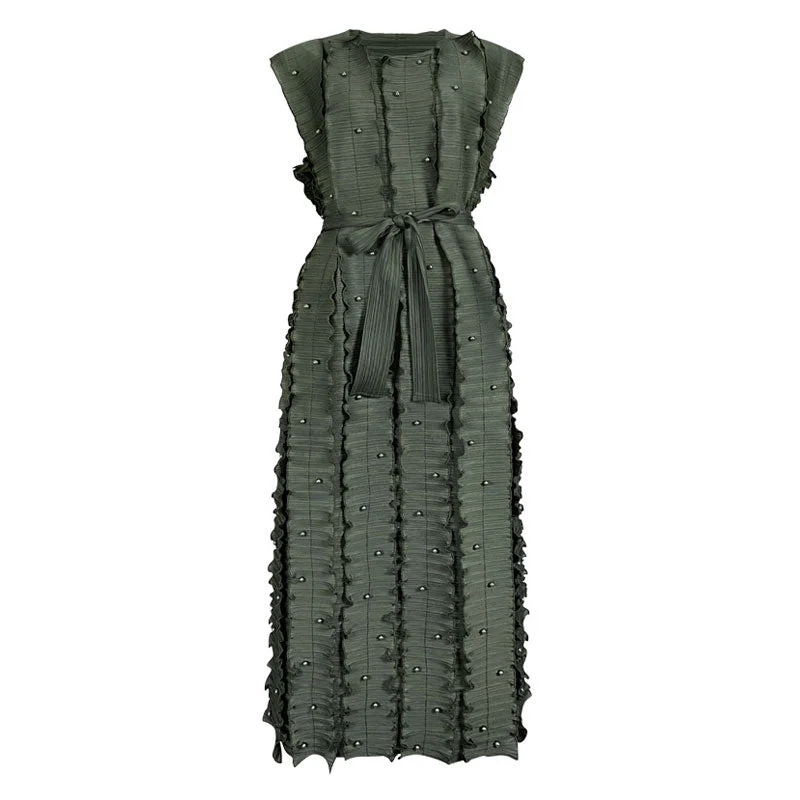 Wonderful Round Neck Beaded Detail Belted Ruffled Sleeveless Pleated Midi Dress Chic Bohemian Midi Dress Wonderful Round Neck Beaded Detail Belted Ruffled Sleeveless Pleated Midi Dress Chic Bohemian Midi Dress