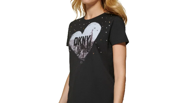 DKNY Jeans Womens Crewneck Embellished Logo T-Shirt