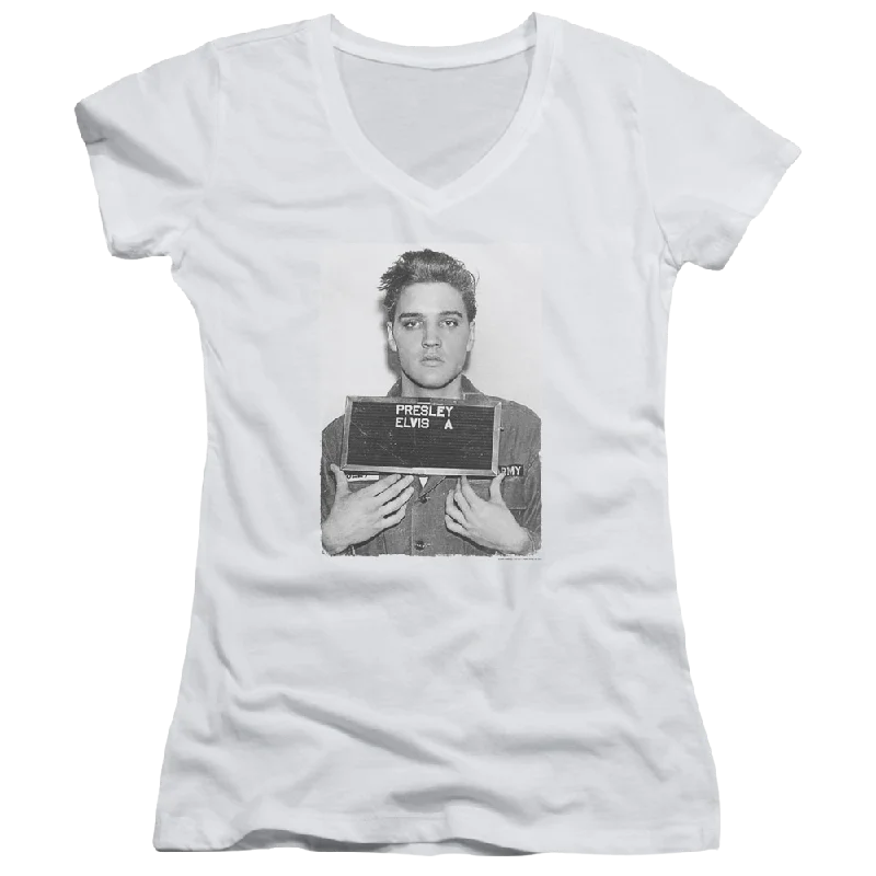 Elvis Presley Army Mug Shot - Juniors V-Neck T-Shirt