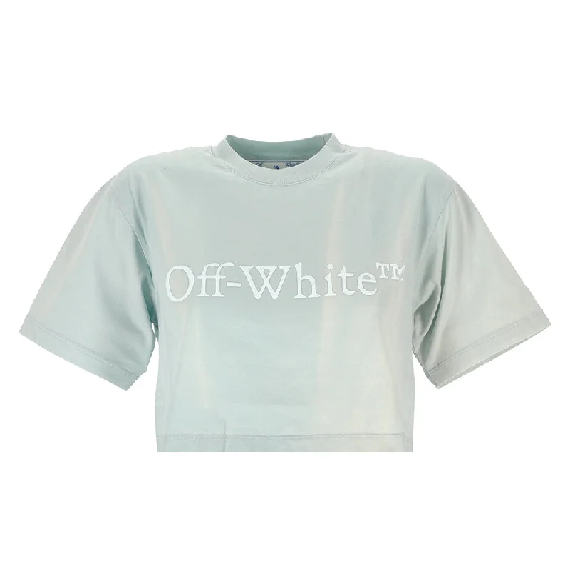 Off-White Women's Cropped Cotton Logo T-Shirt in Blue Basic T-Shirt Crew Neck Short Sleeve Off-White Women's Cropped Cotton Logo T-Shirt in Blue Basic T-Shirt Crew Neck Short Sleeve