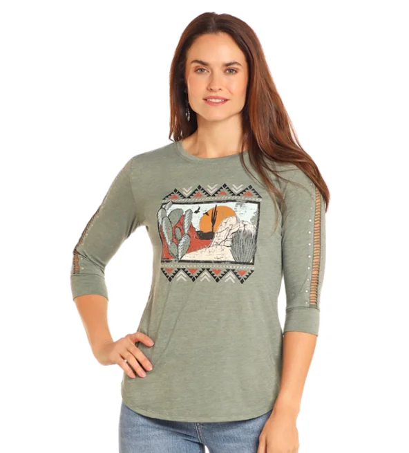 Panhandle Women's Olive Desert Scene 3/4 Sleeve Tee LW22T04672