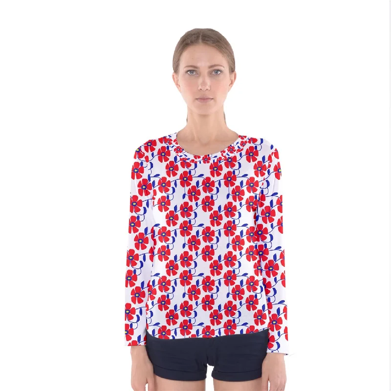 Red Flowers Blue Vines Women's Long Sleeve Tee