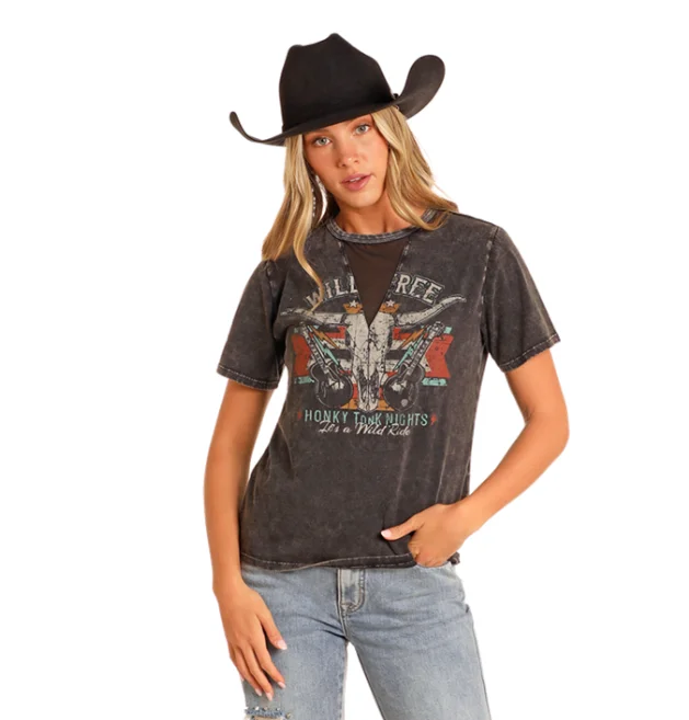 Rock & Roll Cowgirl Women's Black Mesh Cutout Wild & Free Tee BW21T04519