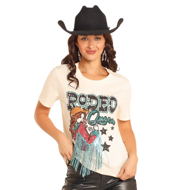 Rock & Roll Cowgirl Women's White Rodeo Queen Sequin Fringe Tee BW21T04527