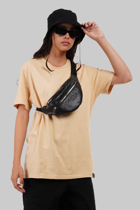 Solid Beige Half Sleeves T-Shirt For Women Boyfriend Fit