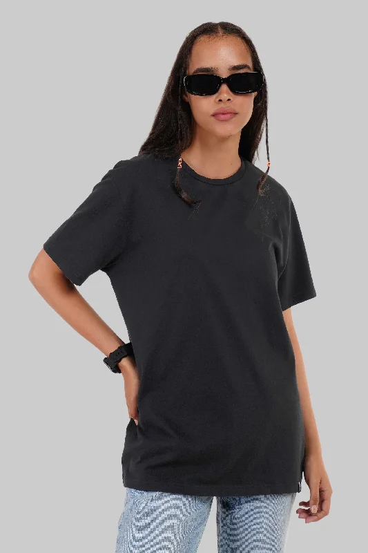 Solid Black Half Sleeves T-Shirt For Women Boyfriend Fit