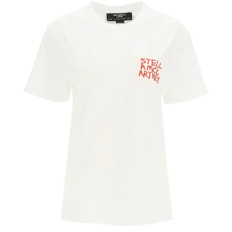 Stella McCartney Women's Logo Graphic Pocket Cotton T-Shirt White Mesh Fabric Canvas Fabric Denim Fabric Stella McCartney Women's Logo Graphic Pocket Cotton T-Shirt White Mesh Fabric Canvas Fabric Denim Fabric