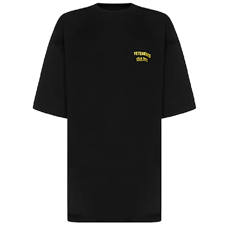 Vetements Women's 'Click Here' Logo Oversized Cotton T-Shirt in Black Print Jacquard Patchwork Vetements Women's 'Click Here' Logo Oversized Cotton T-Shirt in Black Print Jacquard Patchwork