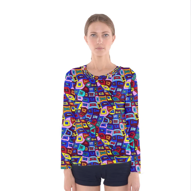 Wavy Square Pattern Women's Long Sleeve Tee