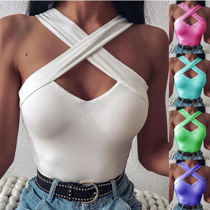 Women's Tops Cross Neck Sleeveless Tank Top T-Shirts Fitted T-Shirt Seamless Stretchy