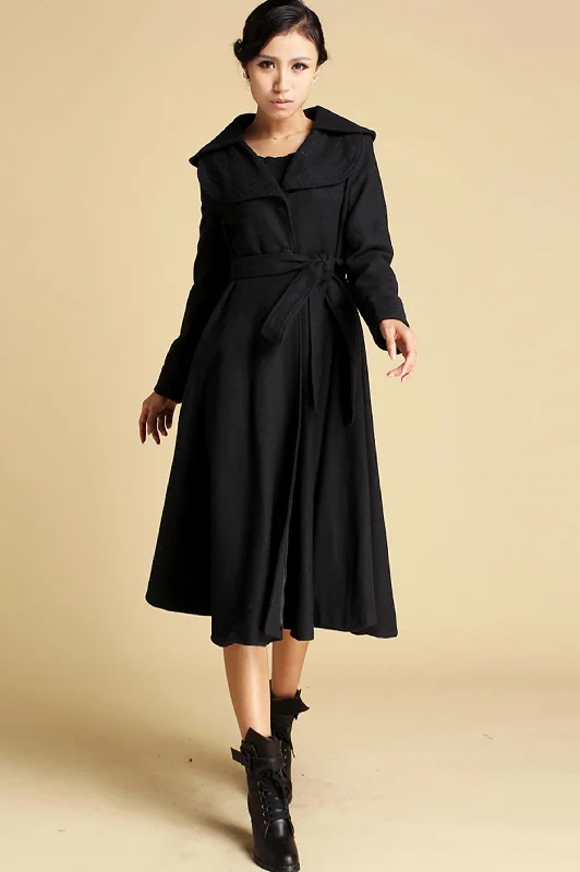 Black wool coat with double folded collar wool jacket 356#