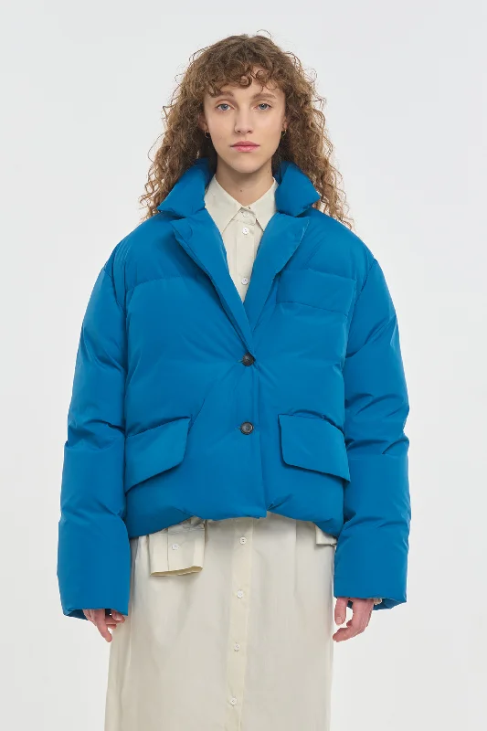 Blue sapphire softshell down puffer jacket