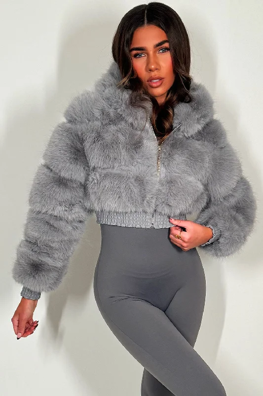 Crop Faux Fur Jacket With Hood Grey