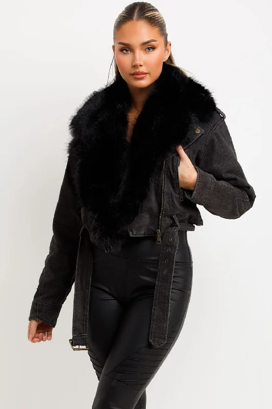 Denim Aviator Jacket With Faux Fur Collar Black