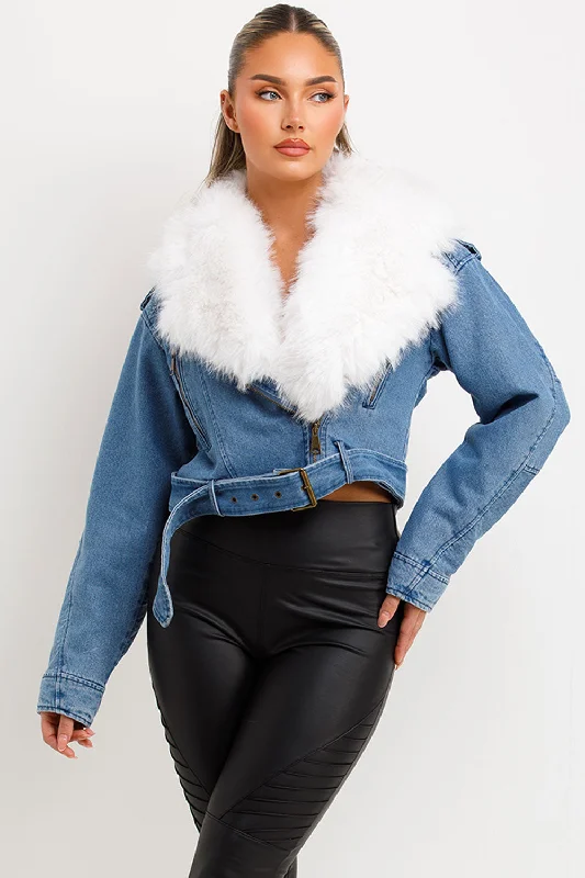 Denim Blue Aviator Jacket With Faux Fur Collar