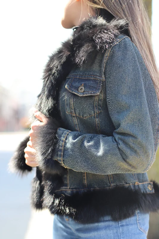 Denim Jacket with Fox Fur Trim - Natural/Black