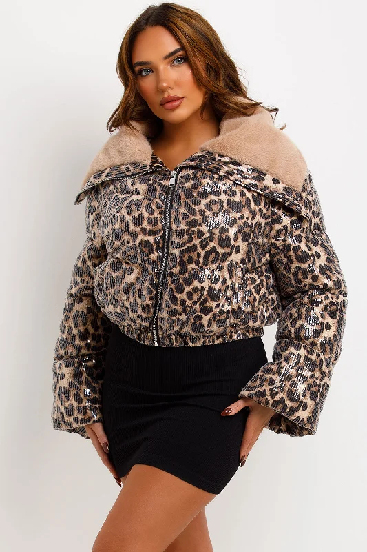 Faux Fur Collar Leopard Print Puffer Jacket With Sequin Detail