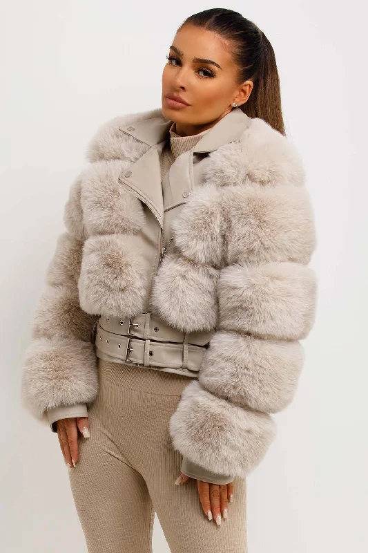 Faux Fur Faux Leather Aviator Jacket With Belt Beige