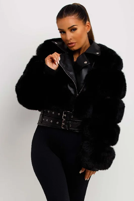 Faux Fur Faux Leather Aviator Jacket With Belt Black