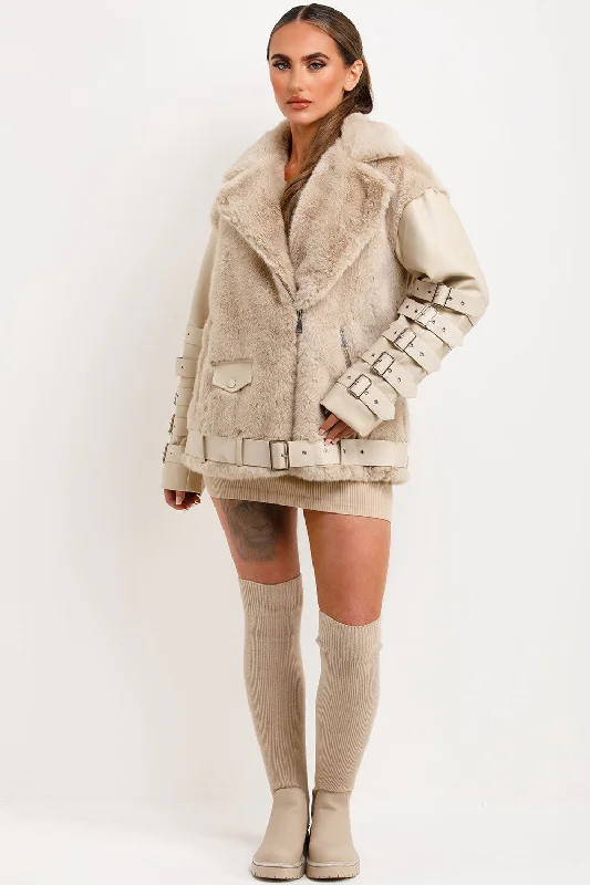 Faux Fur Faux Leather Aviator Jacket With Strap Sleeve Detail Beige